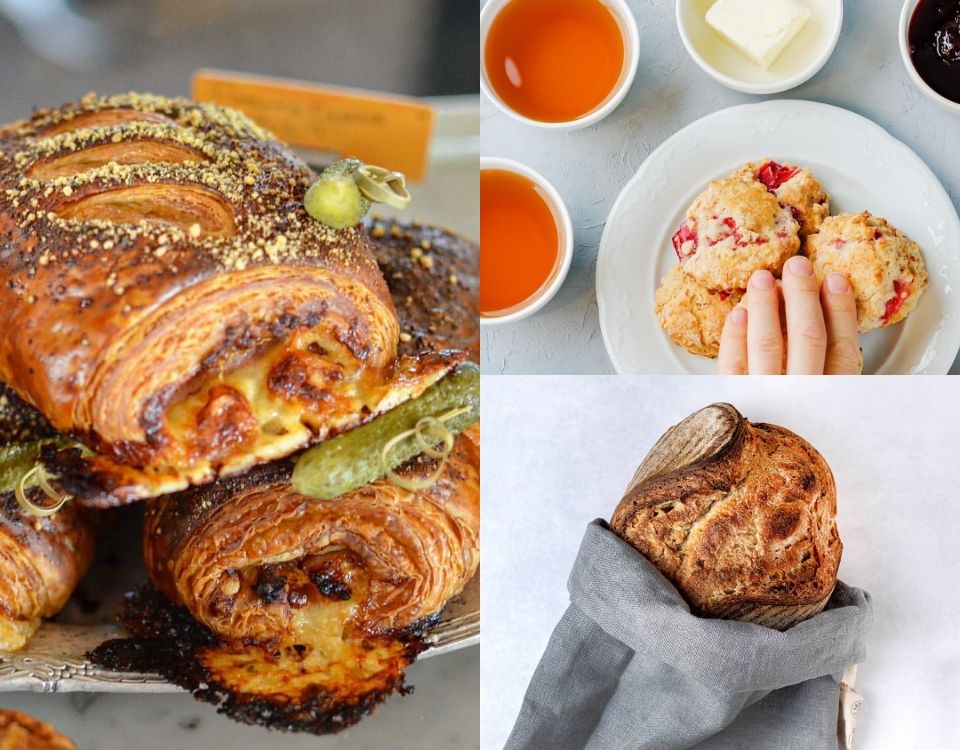 A collage of pictures of croissants and pastries.